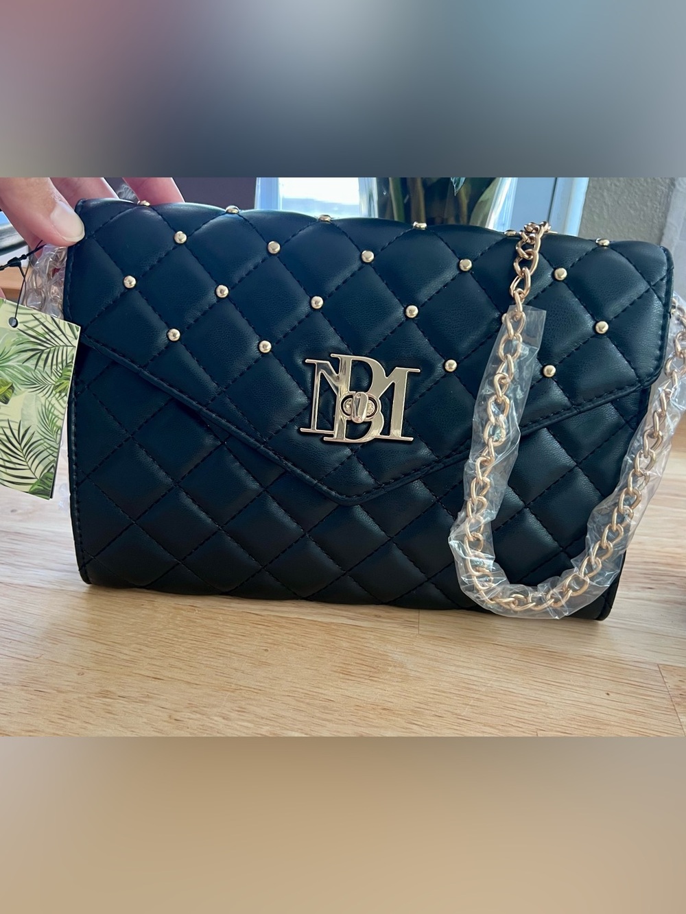 Badgley Mischka Black Quilted Chain Crossbody Bag with Gold Studs